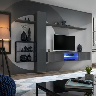 Muebles de salón, conjunto de pared de 270 cm, armario de pared, mobiliario gris de lujo, estanterías de pared.