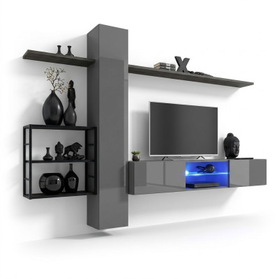 Muebles de salón, conjunto de pared de 270 cm, armario de pared, mobiliario gris de lujo, estanterías de pared.