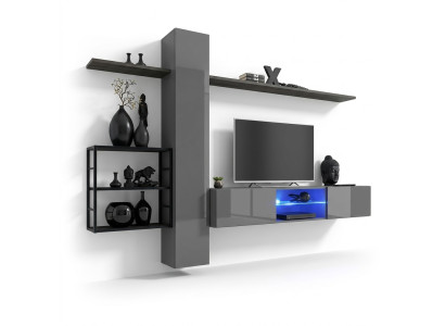 Muebles de salón, conjunto de pared de 270 cm, armario de pared, mobiliario gris de lujo, estanterías de pared.