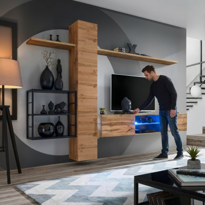 Mueble armario de pared de lujo para sala de estar en color marrón con 3 estantes de pared.