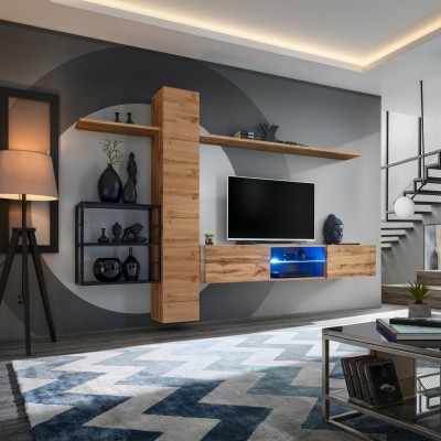 Mueble armario de pared de lujo para sala de estar en color marrón con 3 estantes de pared.