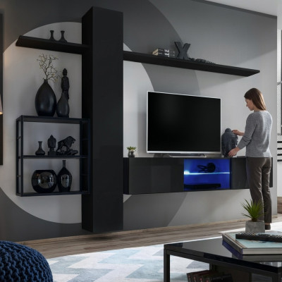 Mueble de pared negro, estantes de pared, mobiliario de sala de estar, decoración de lujo, conjunto de 5 piezas.