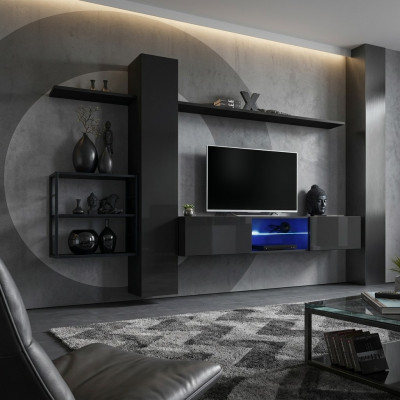 Mueble de pared negro, estantes de pared, mobiliario de sala de estar, decoración de lujo, conjunto de 5 piezas.
