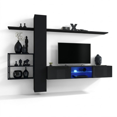 Mueble de pared negro, estantes de pared, mobiliario de sala de estar, decoración de lujo, conjunto de 5 piezas.
