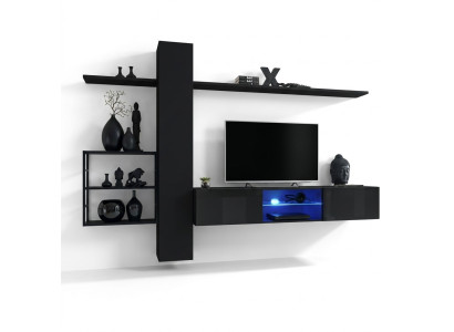 Mueble de pared negro, estantes de pared, mobiliario de sala de estar, decoración de lujo, conjunto de 5 piezas.