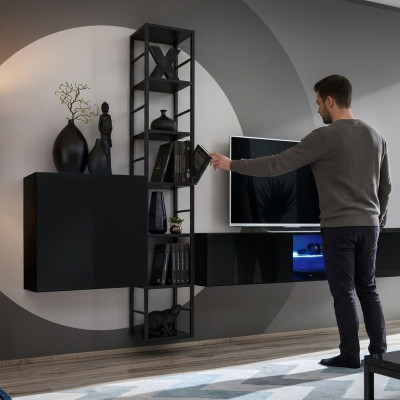 Mueble de salón negro de 270 cm de lujo, estantería de pared, muebles de salón, estantes de madera.