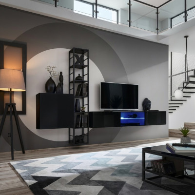 Mueble de salón negro de 270 cm de lujo, estantería de pared, muebles de salón, estantes de madera.