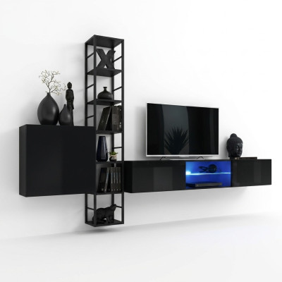 Mueble de salón negro de 270 cm de lujo, estantería de pared, muebles de salón, estantes de madera.