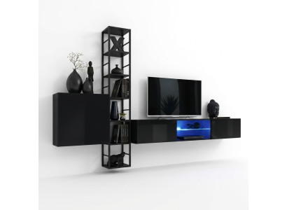 Mueble de salón negro de 270 cm de lujo, estantería de pared, muebles de salón, estantes de madera.