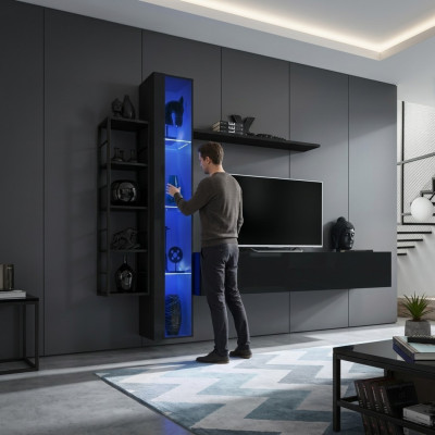 Mueble de pared negro, soporte de TV de diseñador, muebles de salón, mueble completo para el salón.