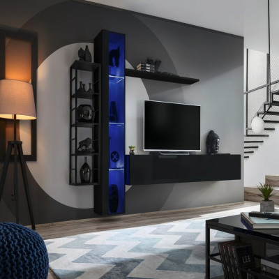Mueble de pared negro, soporte de TV de diseñador, muebles de salón, mueble completo para el salón.
