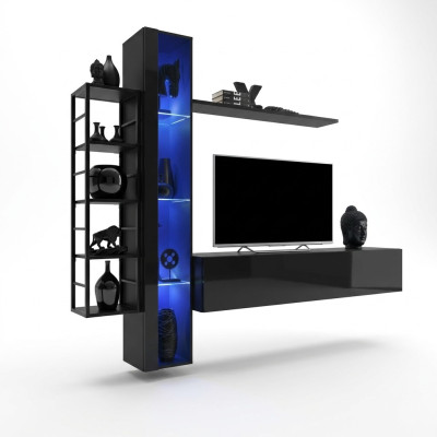 Mueble de pared negro, soporte de TV de diseñador, muebles de salón, mueble completo para el salón.