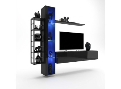 Mueble de pared negro, soporte de TV de diseñador, muebles de salón, mueble completo para el salón.