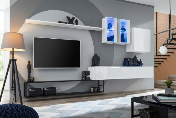Mueble de salón completo de diseño de lujo en blanco con soporte para TV y aparador.