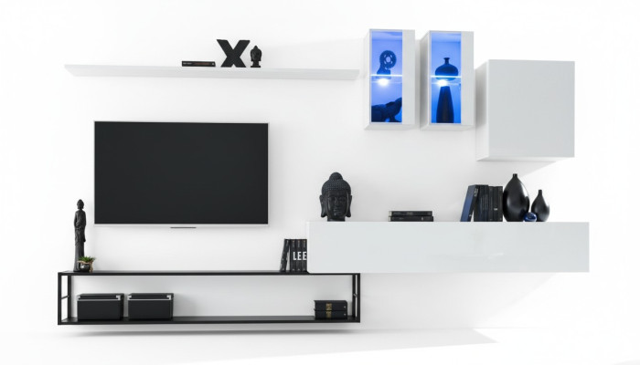 Mueble de salón completo de diseño de lujo en blanco con soporte para TV y aparador.
