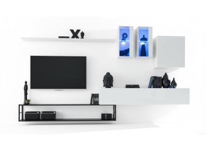 Mueble de salón completo de diseño de lujo en blanco con soporte para TV y aparador.
