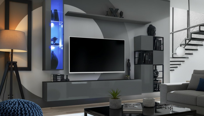 Mueble de salón gris de diseñador, vitrina colgante, soporte para TV completo, aparador de alto brillo.