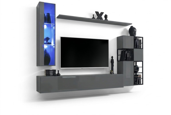 Mueble de salón gris de diseñador, vitrina colgante, soporte para TV completo, aparador de alto brillo.