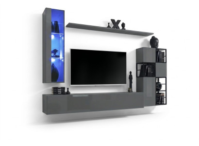 Mueble de salón gris de diseñador, vitrina colgante, soporte para TV completo, aparador de alto brillo.