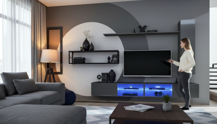 Gris Conjunto de muebles de salón de lujo para sala de estar, armario de pared completo, estanterías nuevas.