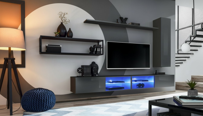 Gris Conjunto de muebles de salón de lujo para sala de estar, armario de pared completo, estanterías nuevas.