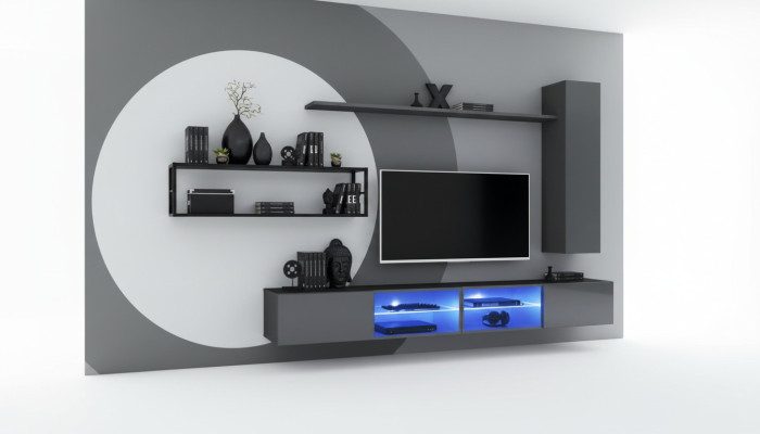 Gris Conjunto de muebles de salón de lujo para sala de estar, armario de pared completo, estanterías nuevas.