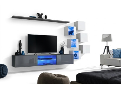 Muebles de pared de lujo de diseñador en gris, estante de pared, armario de pared, conjunto de decoración.
