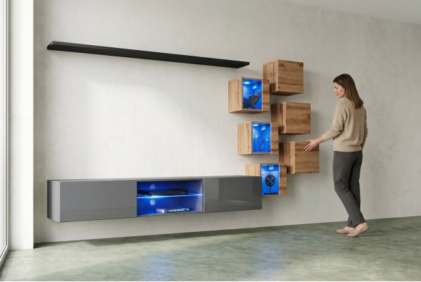 Conjunto de pared para sala de diseñadores de 8 piezas en gris, muebles de madera, armario de pared, nuevo.