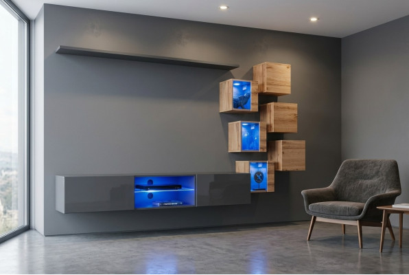 Conjunto de pared para sala de diseñadores de 8 piezas en gris, muebles de madera, armario de pared, nuevo.