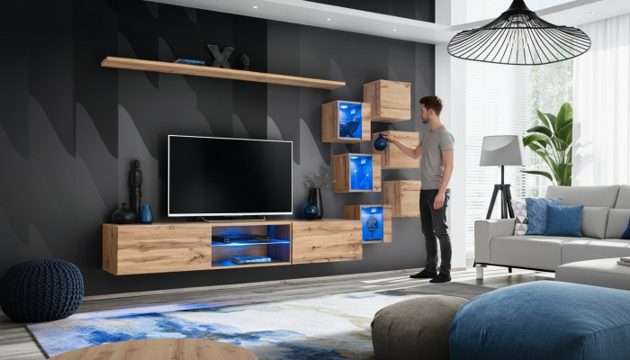 Conjunto de muebles de sala de estar de lujo de madera nuevo en color marrón.