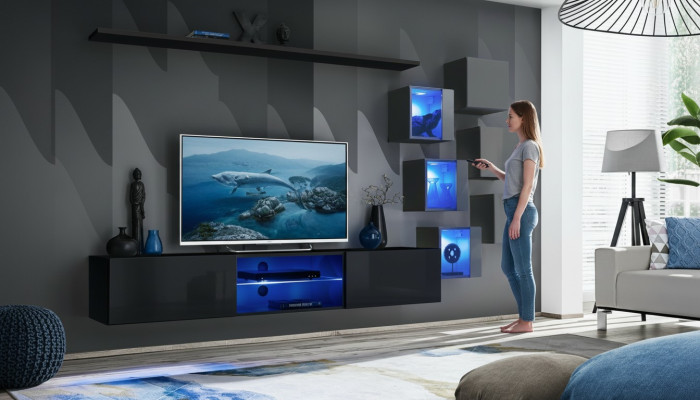 Soporte de TV, pared de salón, aparador, conjunto de lujo, diseñador moderno, estanterías completas.