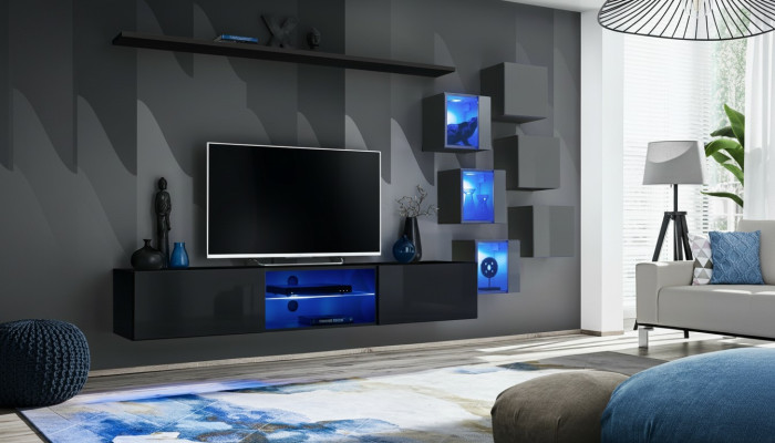 Soporte de TV, pared de salón, aparador, conjunto de lujo, diseñador moderno, estanterías completas.
