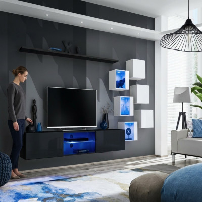 Mueble de pared moderno con estanterías de lujo diseñado por un diseñador para la sala de estar.