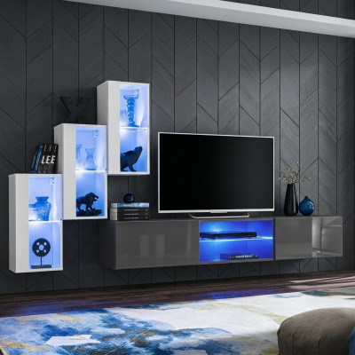 Aparador gris conjunto de soporte de TV pared completa estante de pared de combinación.