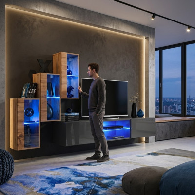 Conjunto de diseño moderno para sala de estar con estantes de pared y soporte para TV, incluye 3 armarios de pared.