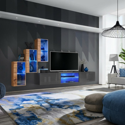 Conjunto de diseño moderno para sala de estar con estantes de pared y soporte para TV, incluye 3 armarios de pared.