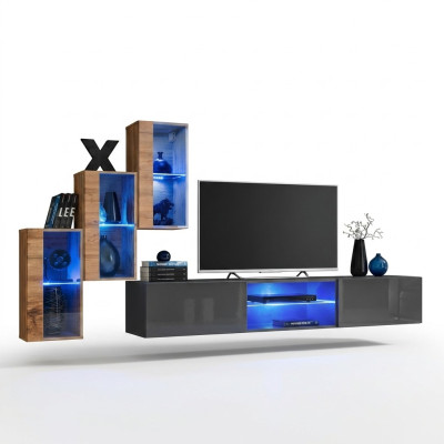 Conjunto de diseño moderno para sala de estar con estantes de pared y soporte para TV, incluye 3 armarios de pared.