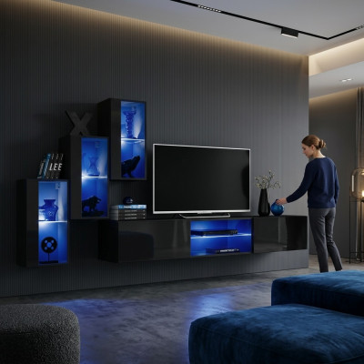 Lujo 3x gabinete de pared Muebles Mobiliario para sala de estar Negro Estantes de pared