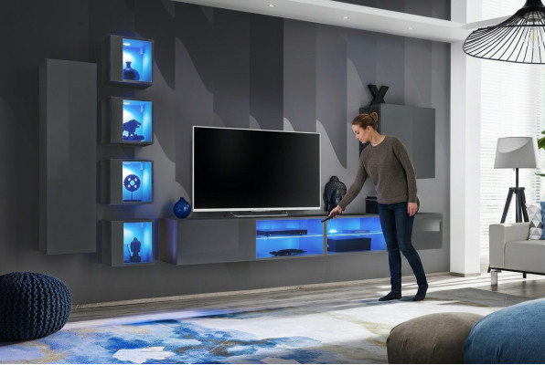 Mueble de pared de lujo 3x, muebles de salón en negro con estantes.