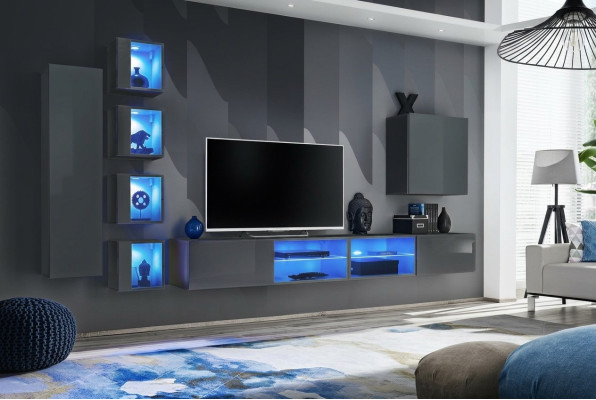 Mueble de pared de lujo 3x, muebles de salón en negro con estantes.