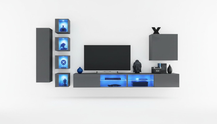 Mueble de pared de lujo 3x, muebles de salón en negro con estantes.