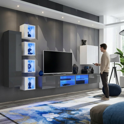 Conjunto de sala de estar gris, estanterías de pared, armario, muebles de sala de estar, decoración, conjunto de lujo de 7 piezas.