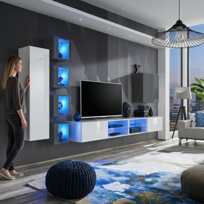 Mueble de pared blanco, armario de pared del diseñador, muebles de salón, mobiliario, conjunto de mobiliario.