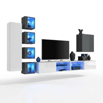 Mueble de pared blanco, armario de pared del diseñador, muebles de salón, mobiliario, conjunto de mobiliario.