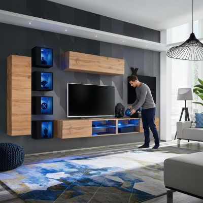 Mueble de pared moderno de diseñador completo con estantes, soporte para TV y armario de madera.