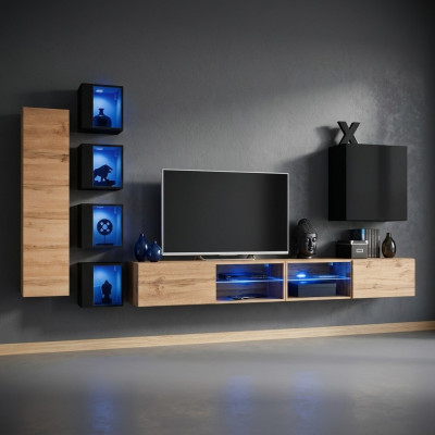 Mueble de pared moderno de diseñador completo con estantes, soporte para TV y armario de madera.