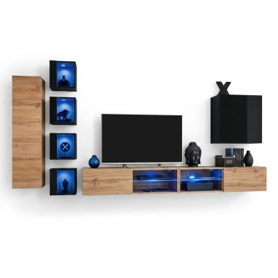 Mueble de pared moderno de diseñador completo con estantes, soporte para TV y armario de madera.