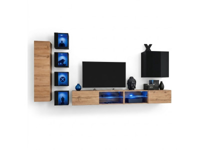 Mueble de pared moderno de diseñador completo con estantes, soporte para TV y armario de madera.