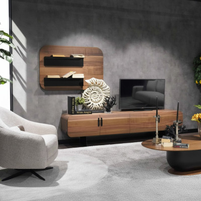 Conjunto completo de pared para sala de estar en color marrón, muebles de sala de estar, estantes de pared nuevos.