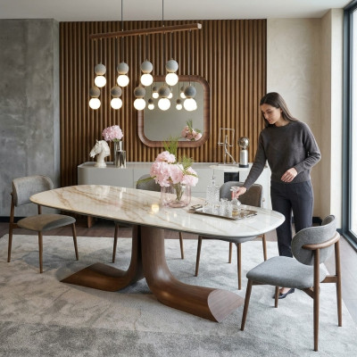 Conjunto completo de comedor de lujo de 7 piezas con bufé, espejo y mesa de comedor nueva.